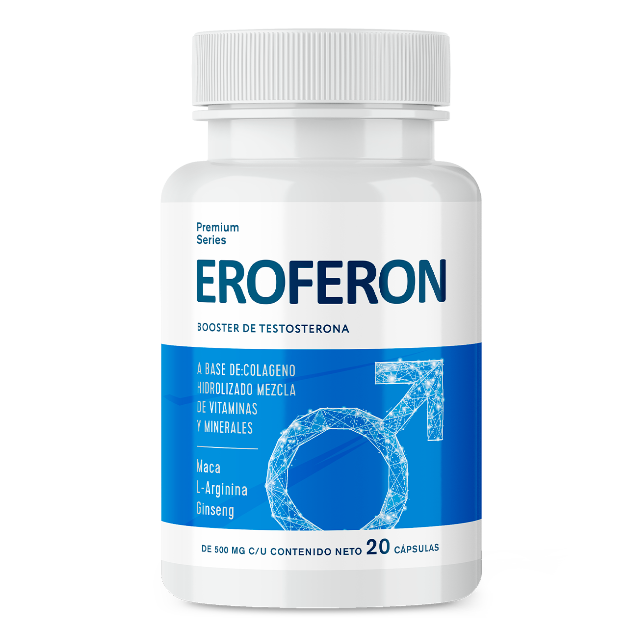 Frasco de Eroferon con maca peruana, L-arginina, ginseng, zinc y tribulus — apoyo nutricional masculino
