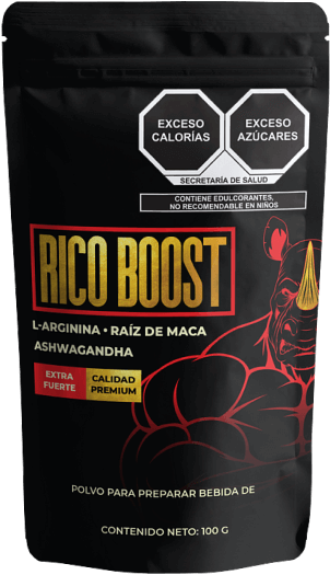 Sobres de Rico Boost, bebida instantánea con maca peruana, ashwagandha y L-arginina para vitalidad masculina