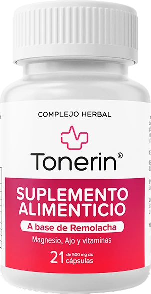 Frasco de Tonerin con remolacha, ajo, magnesio y vitaminas B3 y E