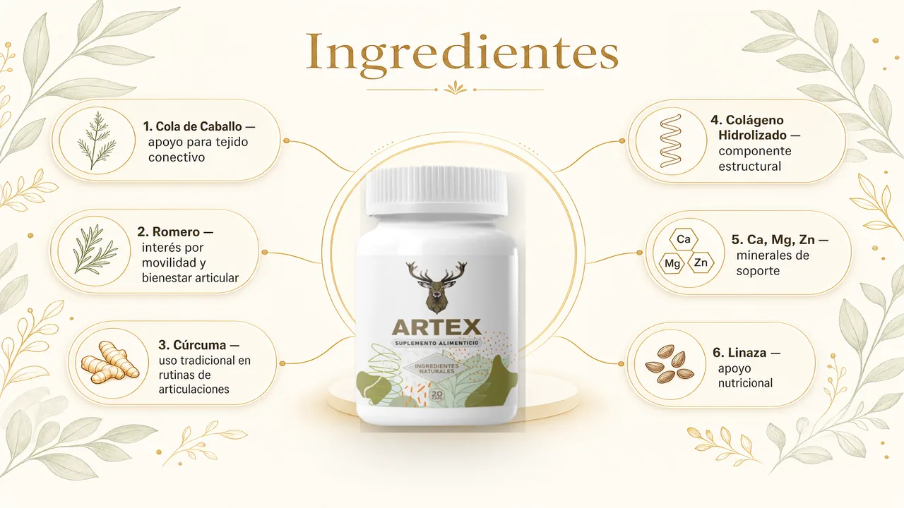 Infografía de ingredientes de Artex con Cola de Caballo, Romero, Cúrcuma, Colágeno, minerales y Linaza