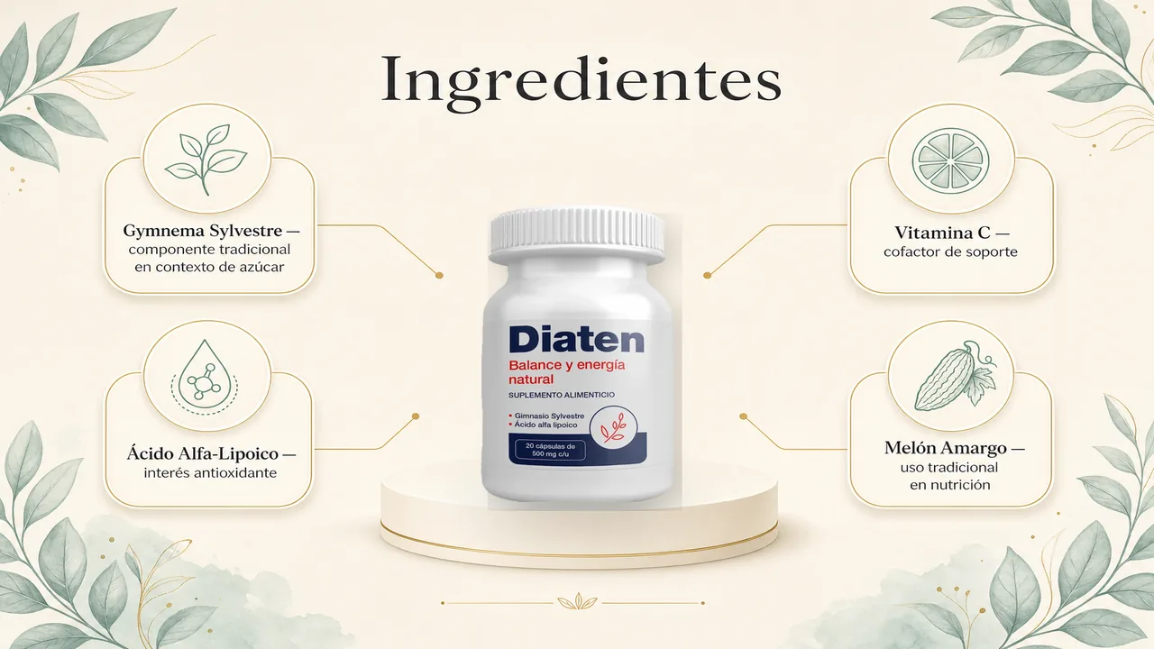 Infografía de ingredientes de Diaten con Gymnema, ALA, Vitamina C y Melón Amargo