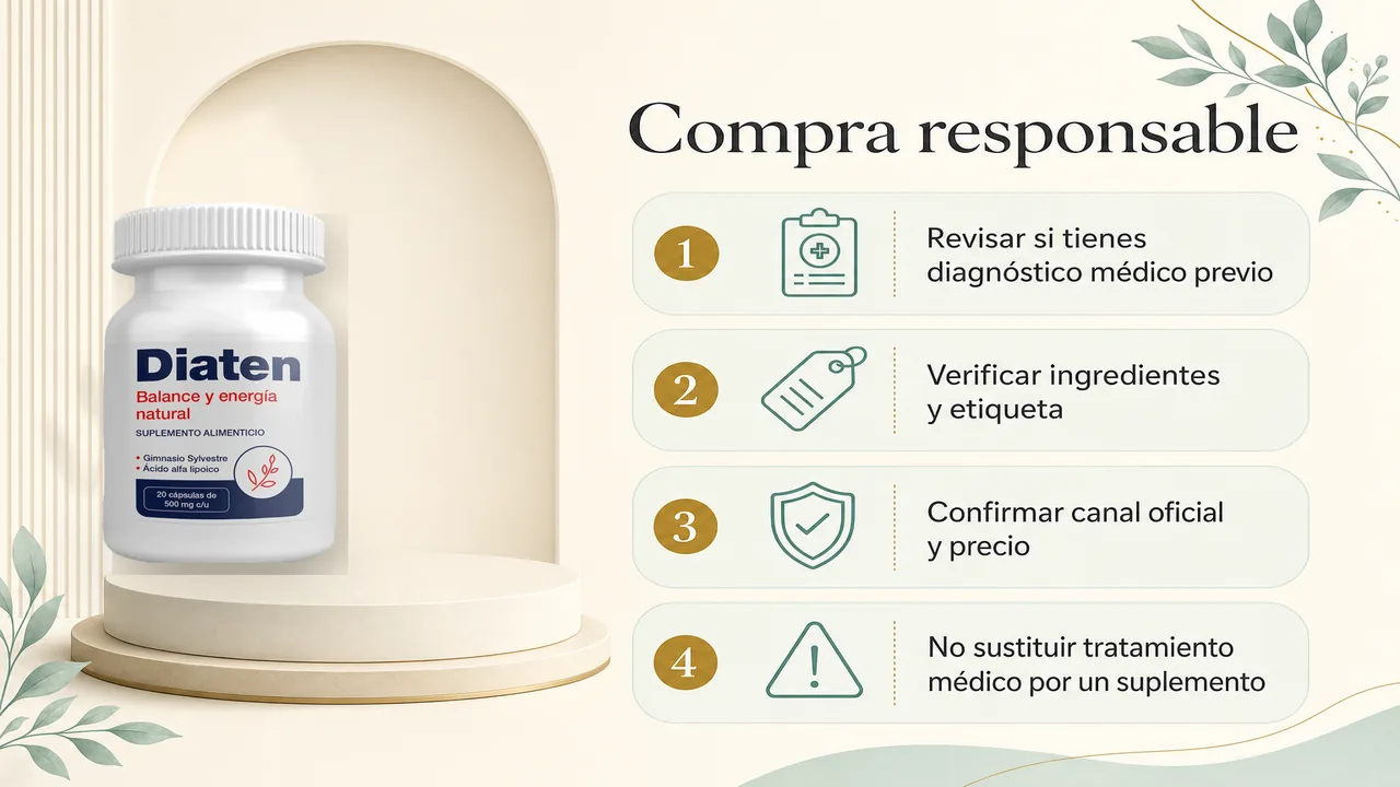 Infografía de revisión responsable antes de comprar Diaten