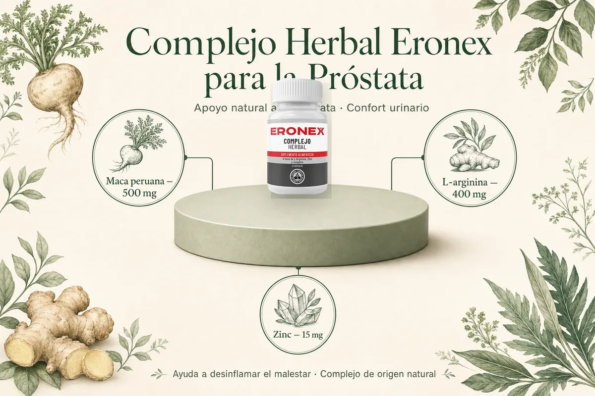 Infografía del complejo herbal Eronex para la próstata: maca peruana, L-arginina y zinc