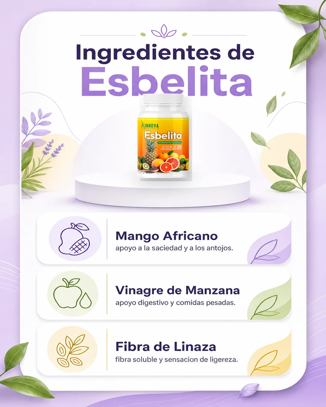 Infografía de ingredientes de Esbelita con mango africano, vinagre de manzana y fibra de linaza