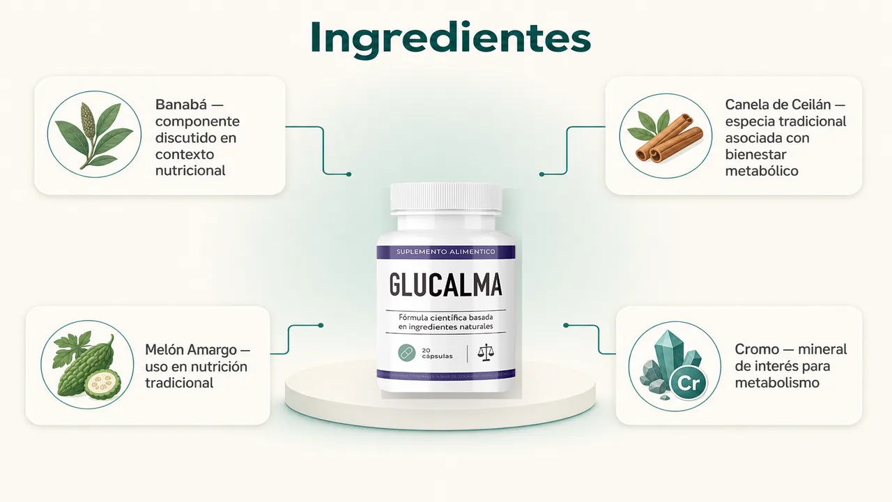 Infografía de ingredientes de Glucalma con Banabá, Canela de Ceilán, Melón Amargo y Cromo