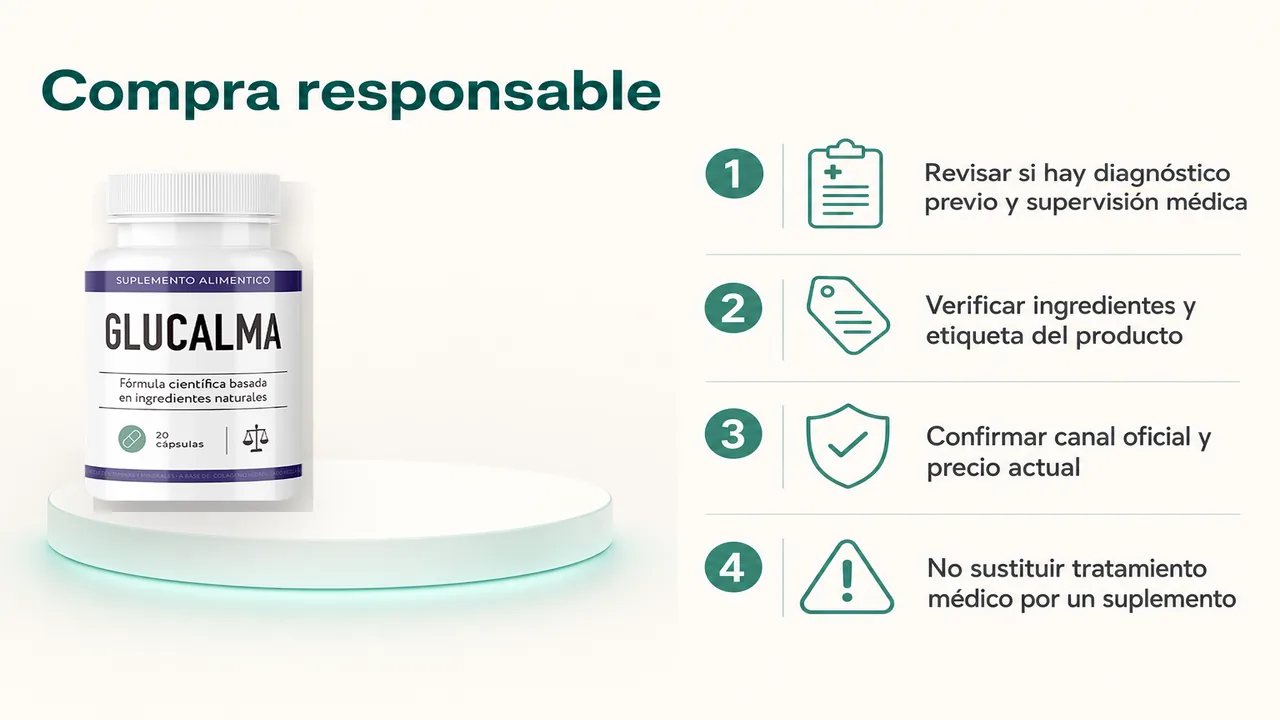 Infografía de revisión responsable antes de comprar Glucalma
