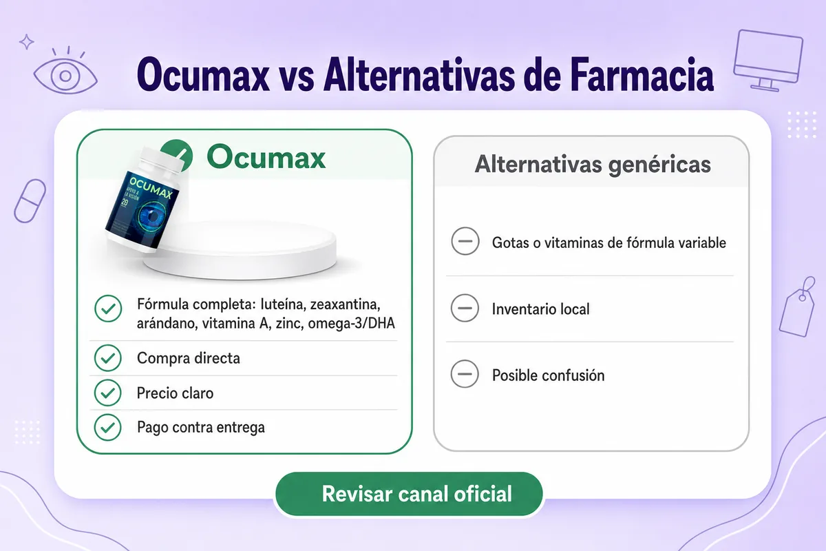 Comparativa visual de Ocumax frente a alternativas de farmacia para apoyo visual