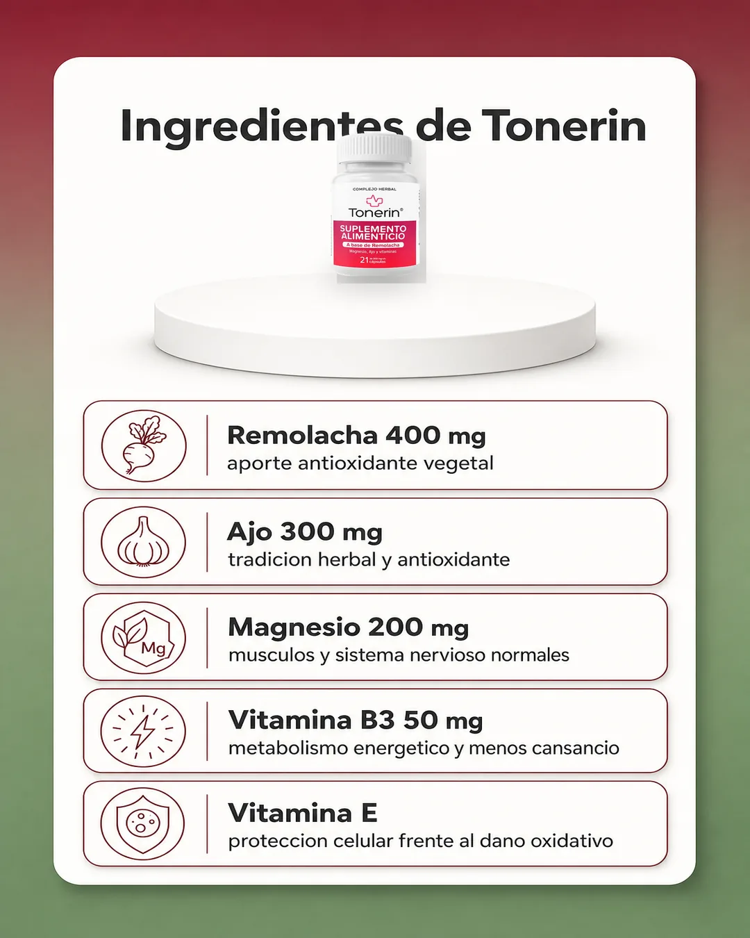 Infografía de ingredientes de Tonerin con remolacha, ajo, magnesio, vitamina B3 y vitamina E