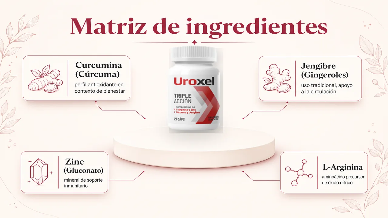 Matriz de ingredientes de Uroxel: Curcumina, Jengibre, Zinc y Arginina